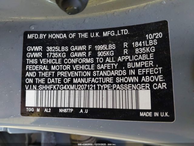 2021 HONDA CIVIC SHHFK7G4XMU207121 Photo 8
