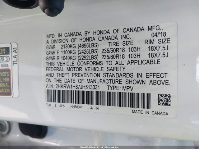 2HKRW1H87JH513031 Honda Cr-v Ex-l/ex-l Navi