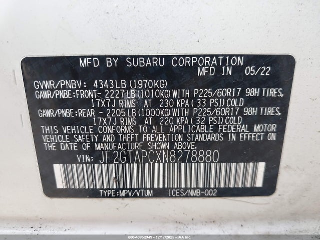 Aukcja sprzedaży 2022 Subaru Crosstrek Premium, vin: JF2GTAPCXN8278880, numer aukcji: 43952949