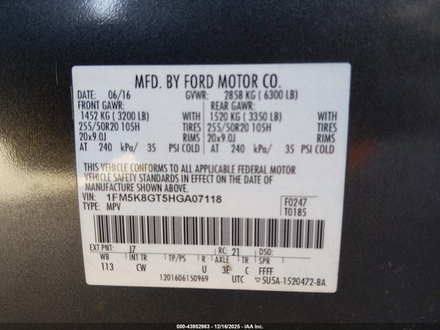 1FM5K8GT5HGA07118 Ford EXPLORER SPORT
