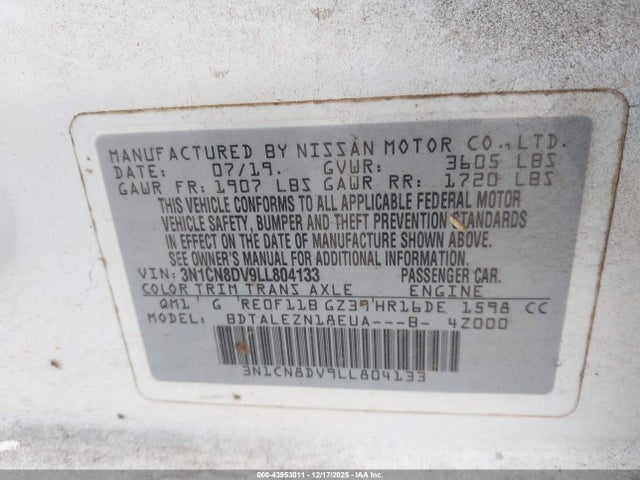43953011 :رقم المزاد ، 3N1CN8DV9LL804133 vin ، 2020 Nissan Versa S Xtronic Cvt مزاد بيع