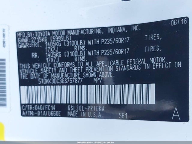 5TDKK3DC3GS757877 Toyota Sienna Le 8 Passenger
