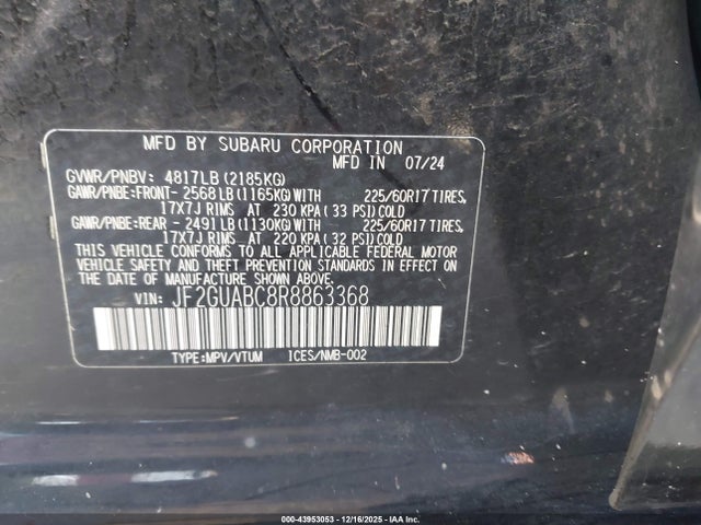 Aukcja sprzedaży 2024 Subaru Crosstrek, vin: JF2GUABC8R8863368, numer aukcji: 43953053