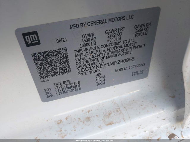 1GC1YNEY1MF290955 Chevrolet Silverado 2500hd 4wd Standard Bed Lt