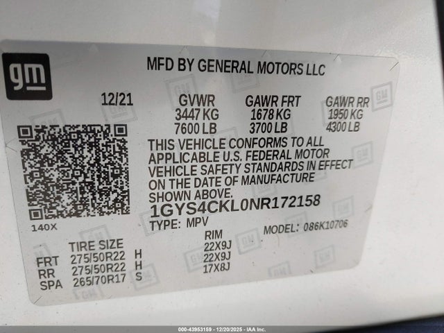1GYS4CKL0NR172158 Cadillac Escalade 4wd Premium Luxury