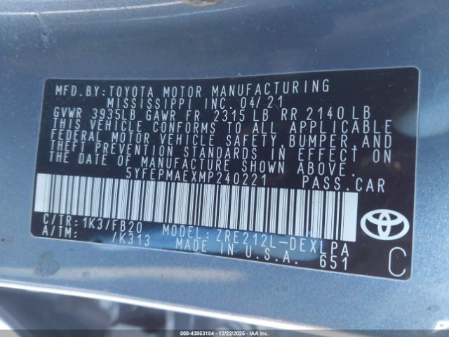 2021 TOYOTA COROLLA 5YFEPMAEXMP240221 Photo 8