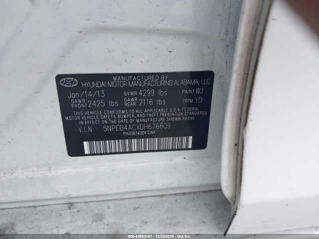 Aukcja sprzedaży 2013 Hyundai Sonata Gls, vin: 5NPEB4ACXDH676609, numer aukcji: 43953187
