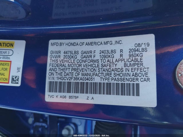 1HGCV2F36KA034051 Honda Accord Sport 2.0t