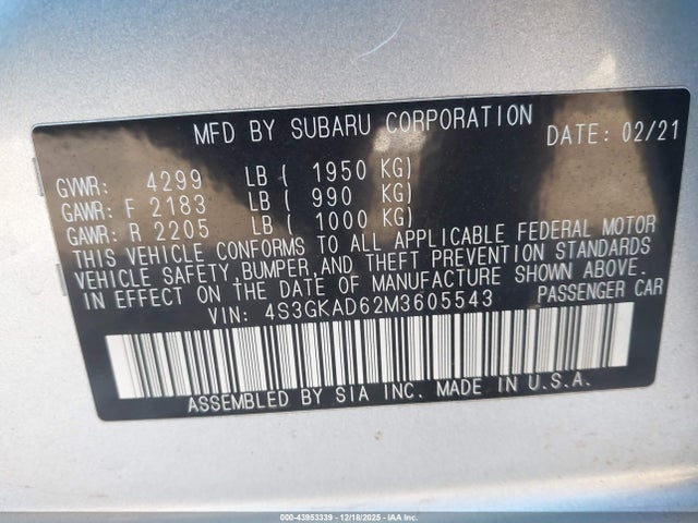 Aukcja sprzedaży 2021 Subaru Impreza Premium, vin: 4S3GKAD62M3605543, numer aukcji: 43953339