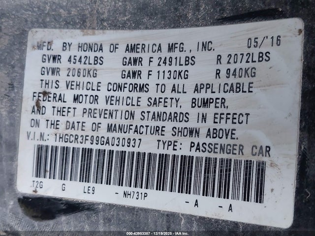 1HGCR3F99GA030937 Honda Accord Touring