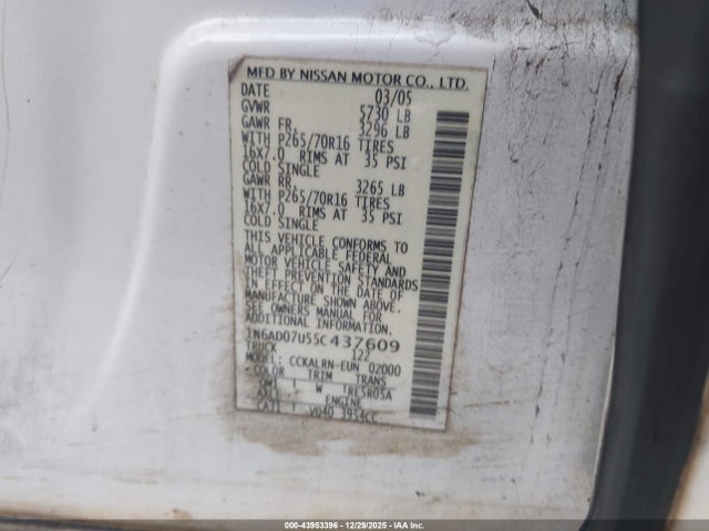 Aukcja sprzedaży 2005 Nissan Frontier Se, vin: 1N6AD07U55C437609, numer aukcji: 43953396