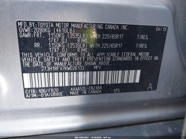 2T3H1RFV7KW026133 Toyota RAV4 LE