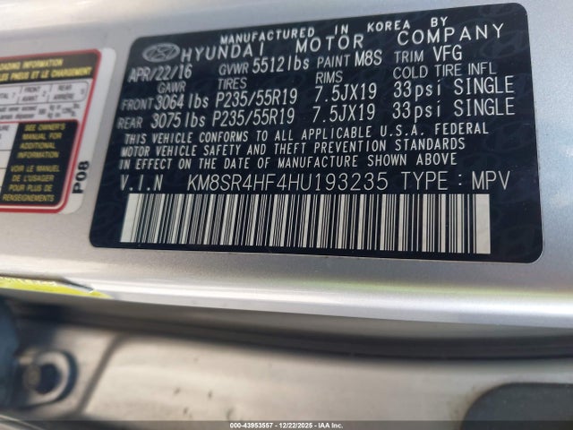 Hyundai Santa Fe Se Ultimate 2017 KM8SR4HF4HU193235 Image 9