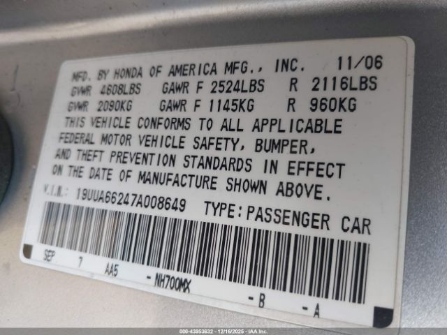 2007 ACURA TL 19UUA66247A008649 Photo 8