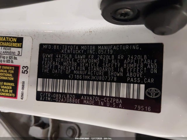 2019 TOYOTA CAMRY 4T1B61HK3KU807378 Photo 8