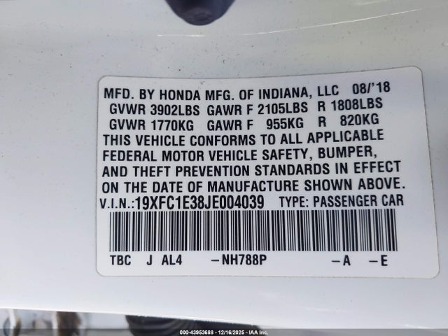 19XFC1E38JE004039 Honda Civic Ex-t