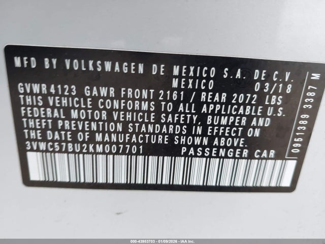 3VWC57BU2KM007701 Volkswagen Jetta 1.4t R-line/1.4t S/1.4t Se
