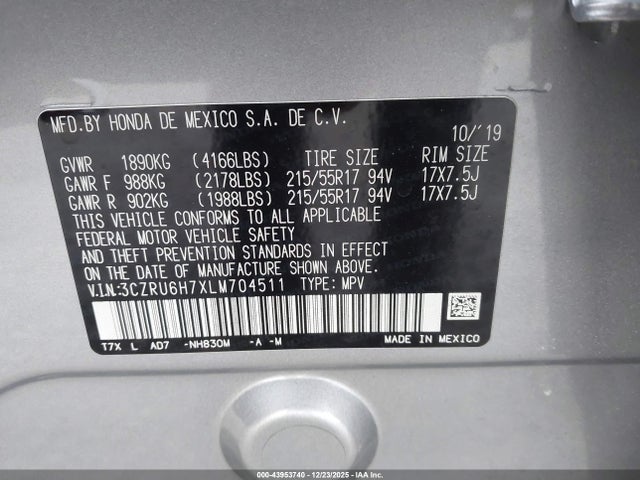 3CZRU6H7XLM704511 Honda Hr-v Awd Ex-l