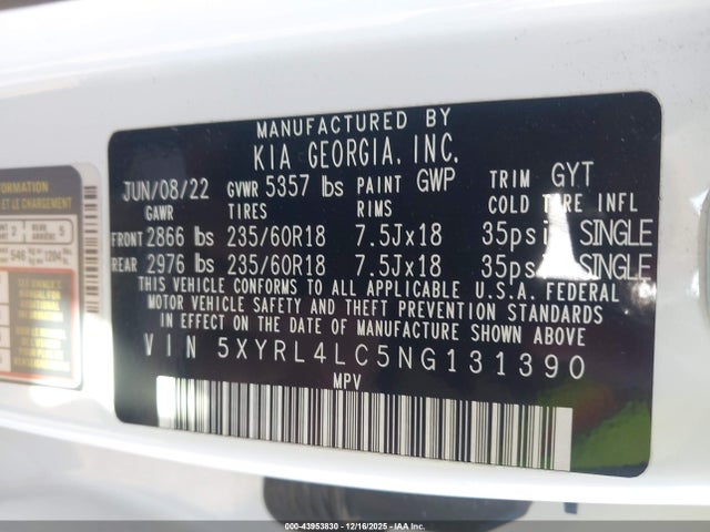 5XYRL4LC5NG131390 KIA SORENTO S