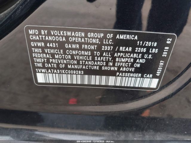 2019 VOLKSWAGEN PASSAT 1VWLA7A31KC009283 Photo 8