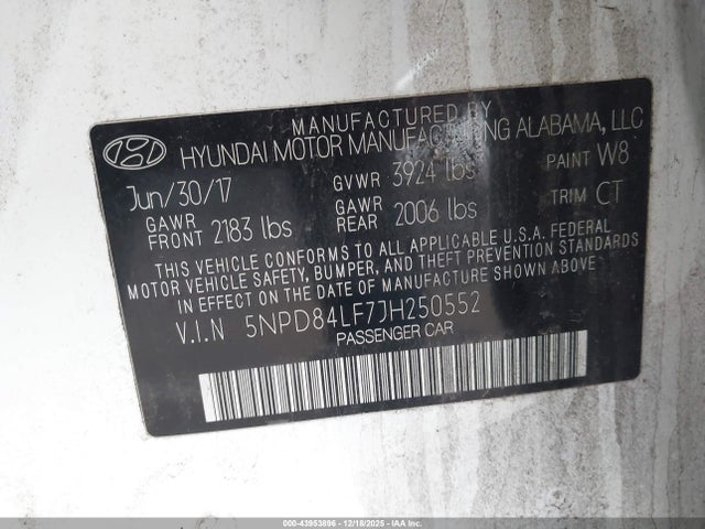 5NPD84LF7JH250552 Hyundai ELANTRA SEL