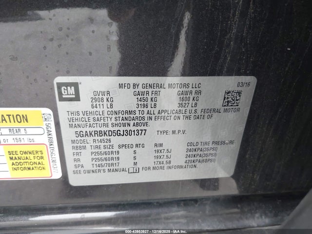 Aukcja sprzedaży 2016 Buick Enclave Leather, vin: 5GAKRBKD5GJ301377, numer aukcji: 43953927