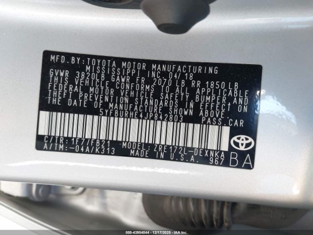 2018 TOYOTA COROLLA 5YFBURHE4JP842803 Photo 8