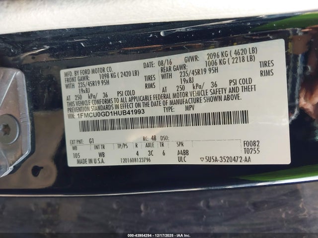 1FMCU0GD1HUB41993 Ford ESCAPE SE
