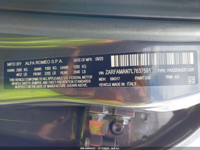 2020 ALFA ROMEO GIULIA ZARFAMAN7L7637591 Photo 8