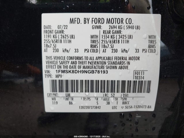 2022 Ford Explorer Xlt მანქანა იყიდება აუქციონზე, vin: 1FMSK8DH9NGB78193, აუქციონის ნომერი: 43954360