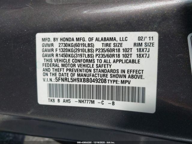 2011 HONDA ODYSSEY 5FNRL5H9XBB049208 Photo 8