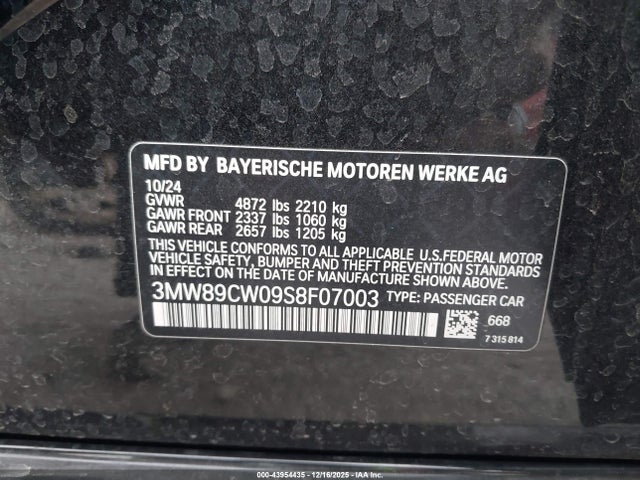 Aukcja sprzedaży 2025 Bmw 330i Xdrive, vin: 3MW89CW09S8F07003, numer aukcji: 43954435