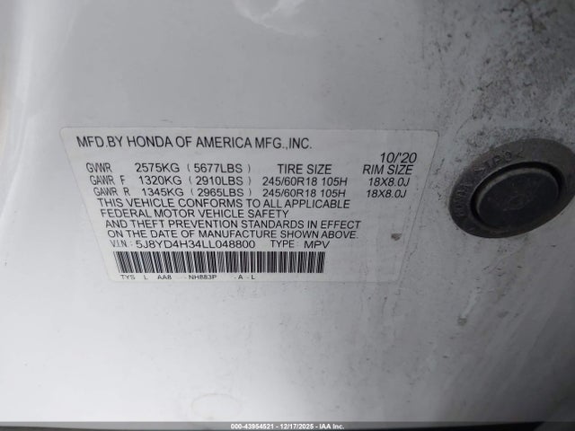 Aukcja sprzedaży 2020 Acura Mdx Standard, vin: 5J8YD4H34LL048800, numer aukcji: 43954521