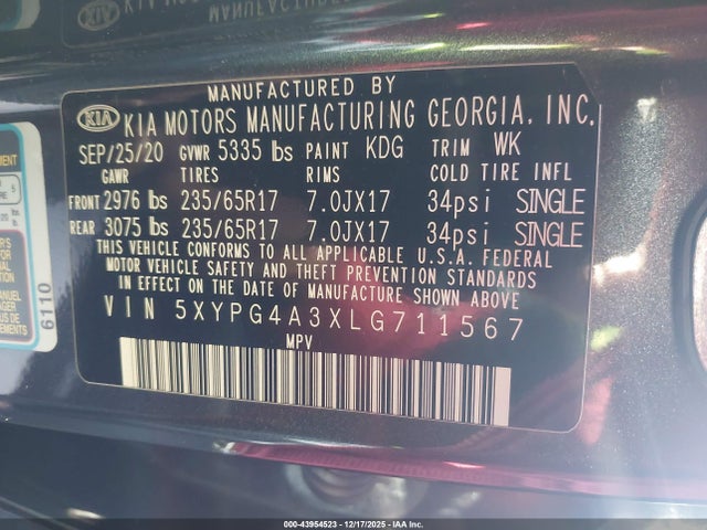 5XYPG4A3XLG711567 KIA Sorento 2.4l Lx
