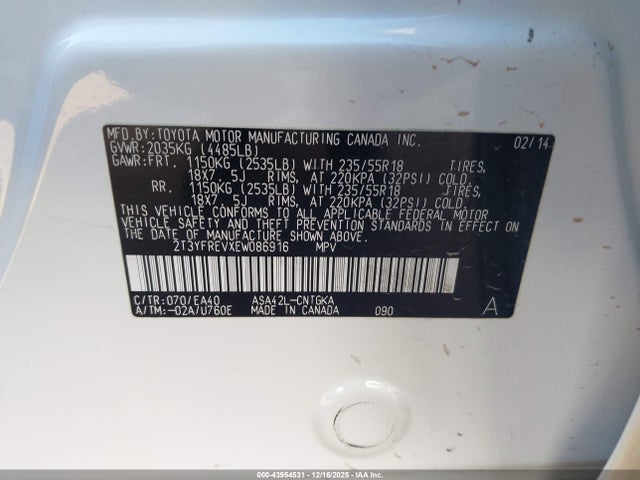 2T3YFREVXEW086916 Toyota Rav4 Limited