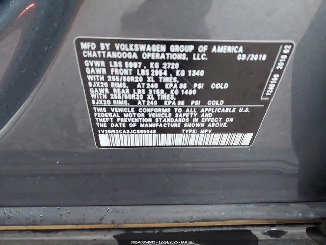 1V2NR2CA3JC565045 Volkswagen Atlas 3.6l V6 Sel Premium