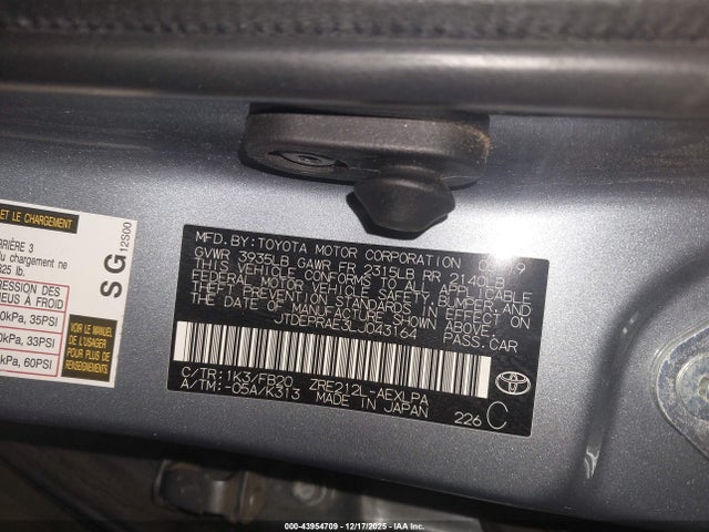 JTDEPRAE3LJ043164 Toyota COROLLA LE