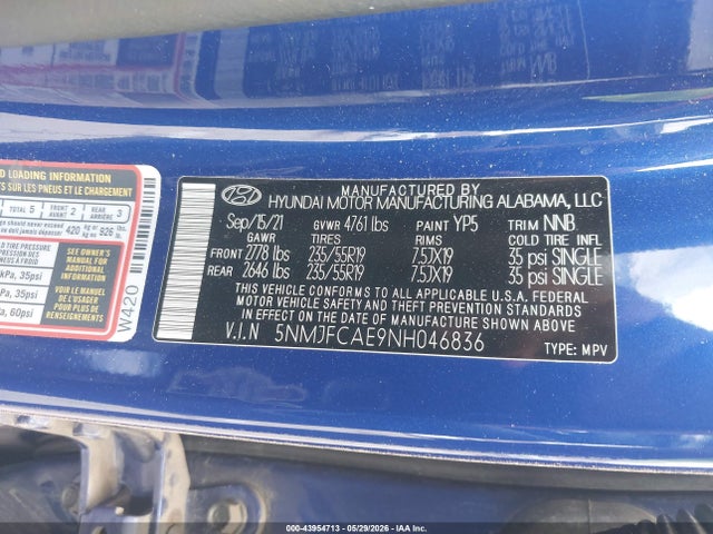 Продаж на аукціоні авто 2022 Hyundai Tucson Sel, vin: 5NMJFCAE9NH046836, номер лоту: 43954713