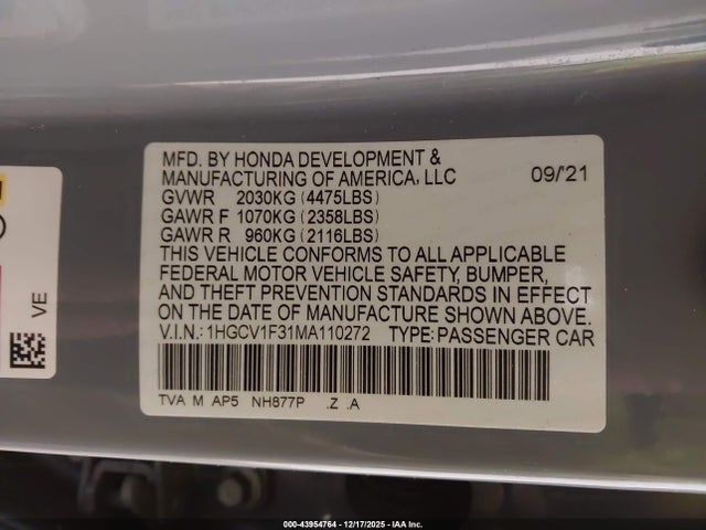 1HGCV1F31MA110272 Honda Accord Sport
