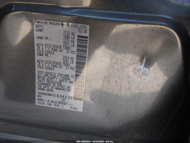 2018 Nissan Pathfinder Sl მანქანა იყიდება აუქციონზე, vin: 5N1DR2MN4JC634139, აუქციონის ნომერი: 43954824