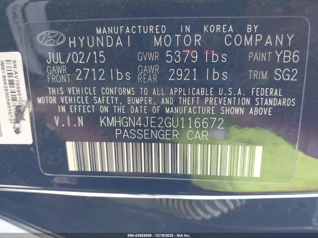 Aukcja sprzedaży 2016 Hyundai Genesis 3.8, vin: KMHGN4JE2GU116672, numer aukcji: 43955009