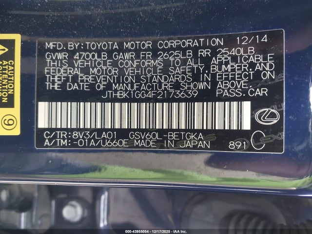 43955054 :رقم المزاد ، JTHBK1GG4F2173639 vin ، 2015 Lexus Es 350 مزاد بيع