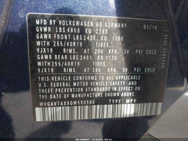 2016 VOLKSWAGEN TIGUAN WVGAV7AX8GW580580 Photo 8