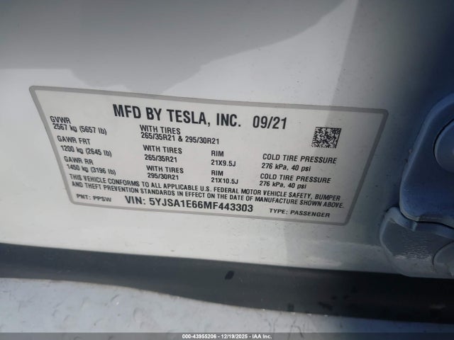 2021 TESLA MODEL S 5YJSA1E66MF443303 Photo 8