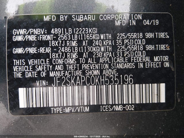 2019 SUBARU FORESTER JF2SKAPC0KH535196 Photo 8