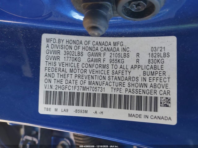 Aukcja sprzedaży 2021 Honda Civic Ex, vin: 2HGFC1F37MH705731, numer aukcji: 43955359