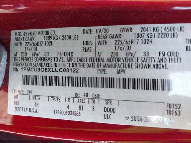 1FMCU9G6XLUC08122 Ford ESCAPE SE