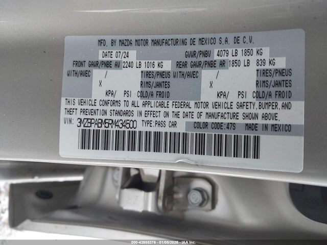 43955376 :رقم المزاد ، 3MZBPABM5RM434500 vin ، 2024 Mazda Mazda3 2.5 S Select Sport مزاد بيع