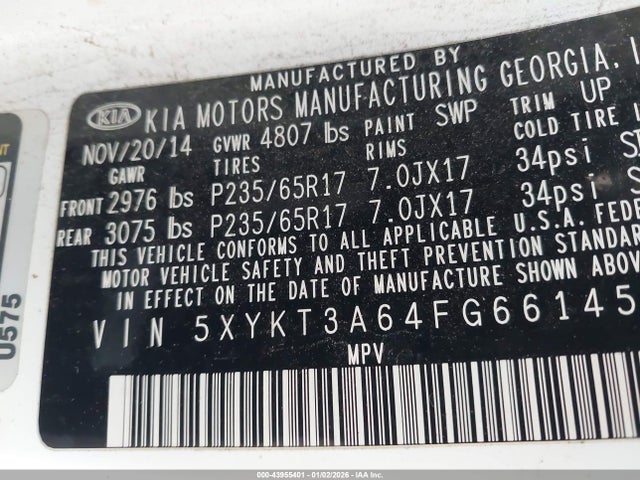 Aukcja sprzedaży 2015 Kia Sorento Lx, vin: 5XYKT3A64FG661456, numer aukcji: 43955401