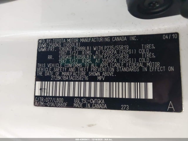 43955411 :رقم المزاد ، 2T2BK1BA1AC058216 vin ، 2010 Lexus Rx 350 مزاد بيع